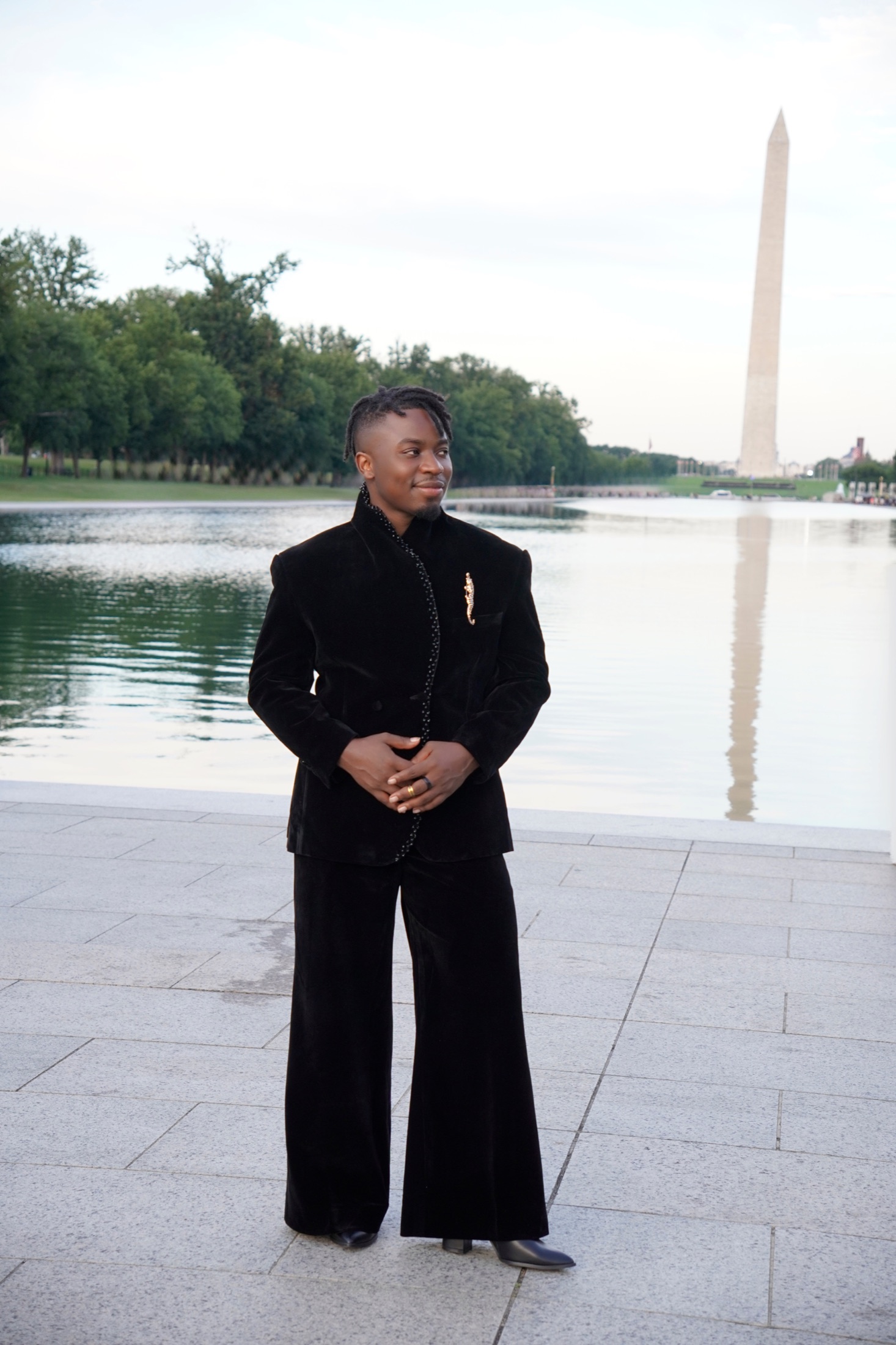 Portrait in black velvet by the Washington Monument reflecting pool