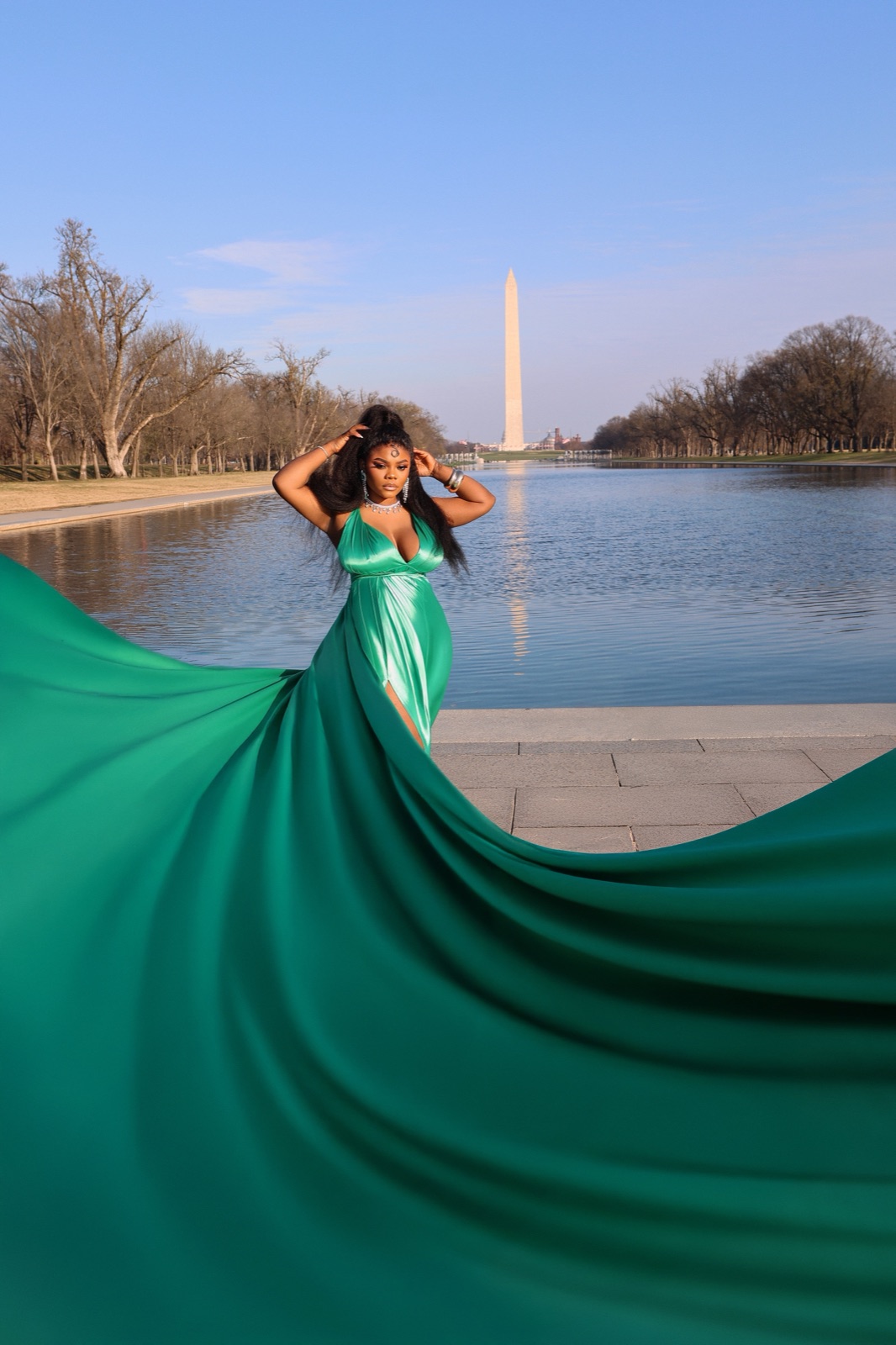 Emerald flowing gown at the Washington Monument